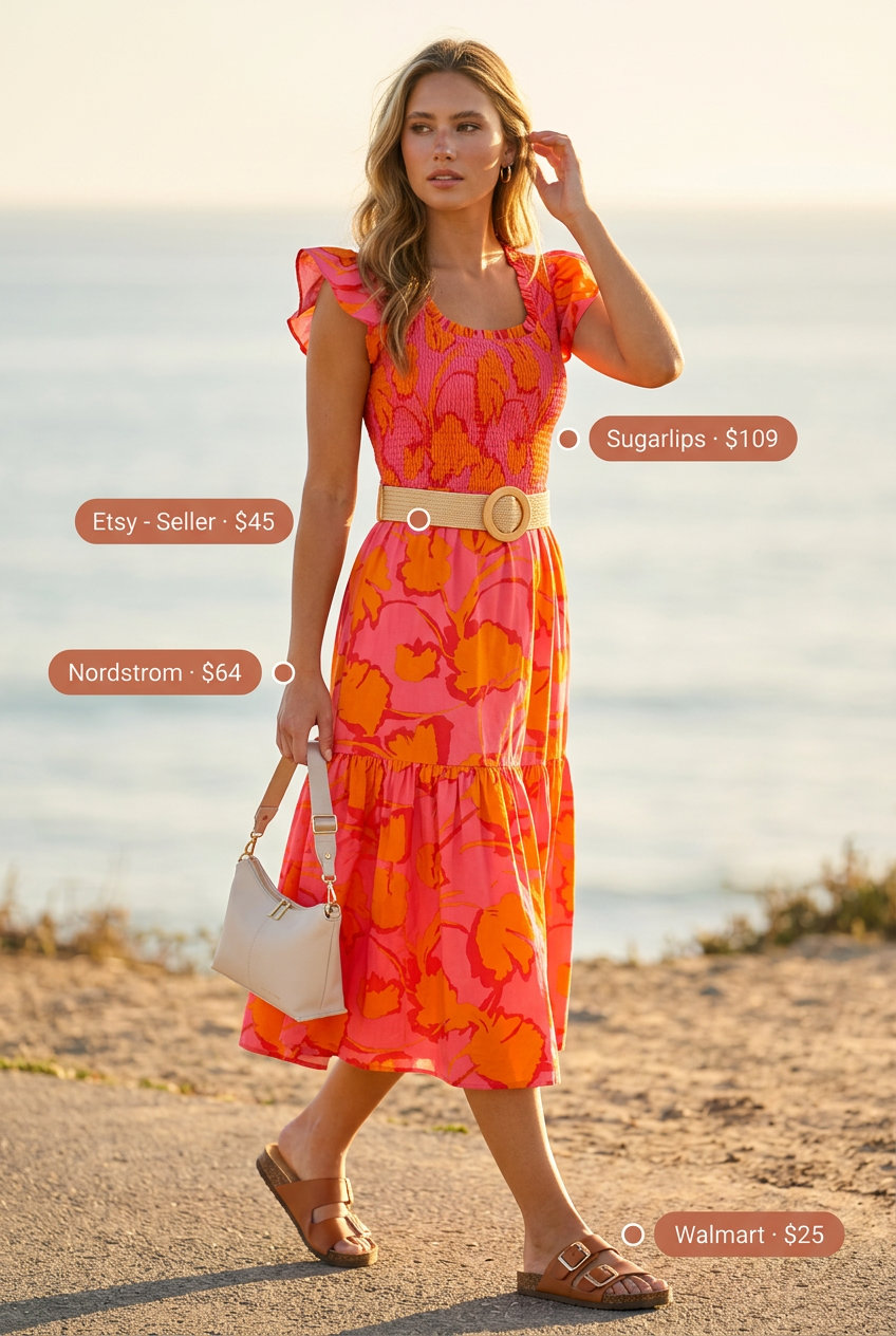 Playful Summer Tiered Dress Outfits for Women 2026: Coral midi dress, woven belt, crossbody bag & flat sandals.
