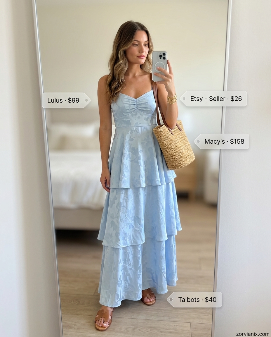 Relaxed Summer Tiered Dress Outfits for Women 2026: Sky blue maxi dress, straw tote, leather slides & gold bracelet.