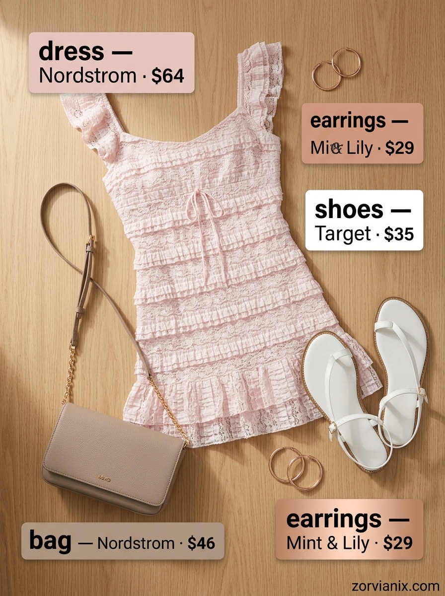 Sweet blush pink tiered trapeze mini dress outfit for women, perfect for casual date nights in 2026.