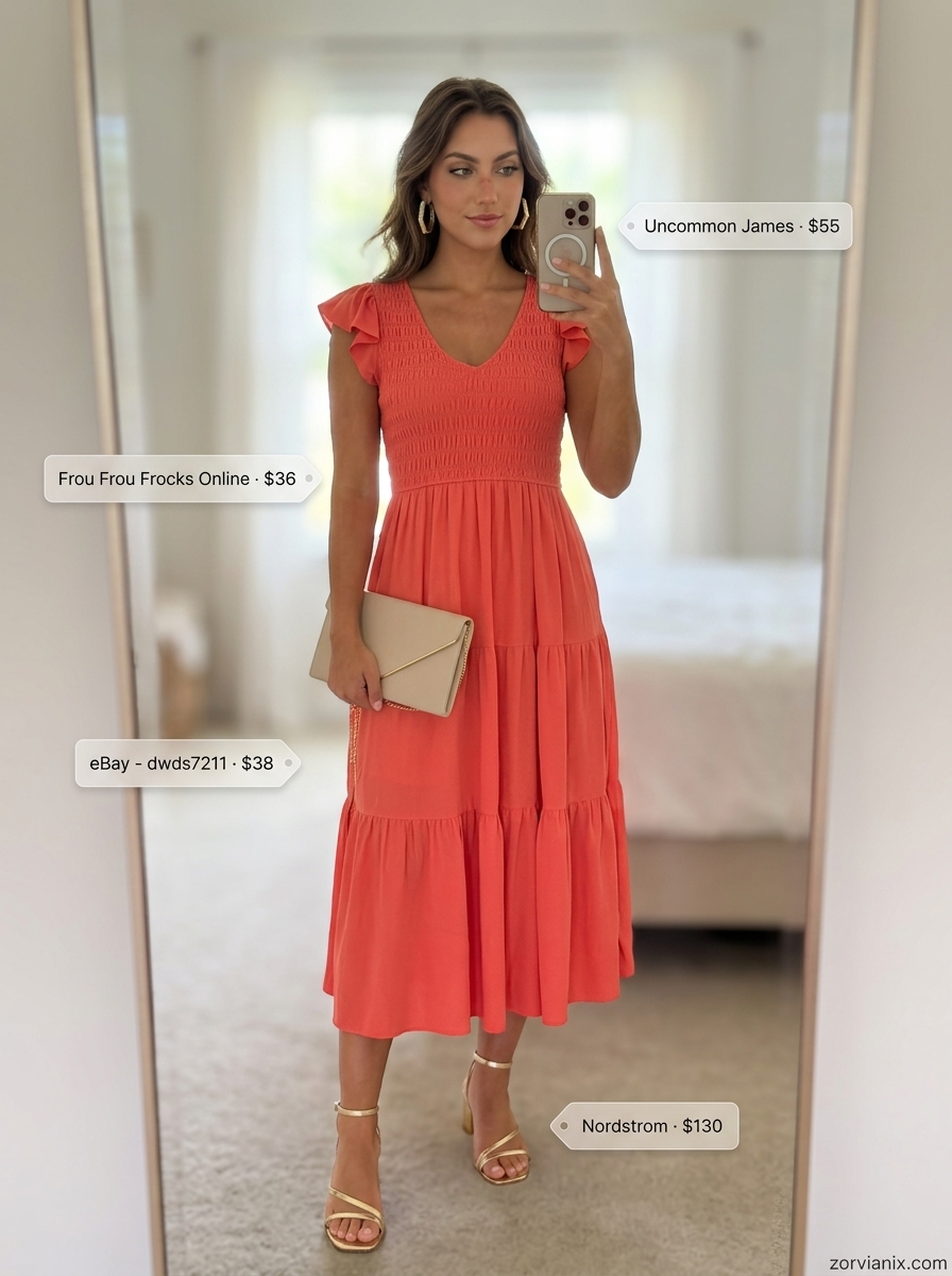 Vibrant coral tiered midi dress outfit for women, perfect for date nights and summer evening events in 2026.