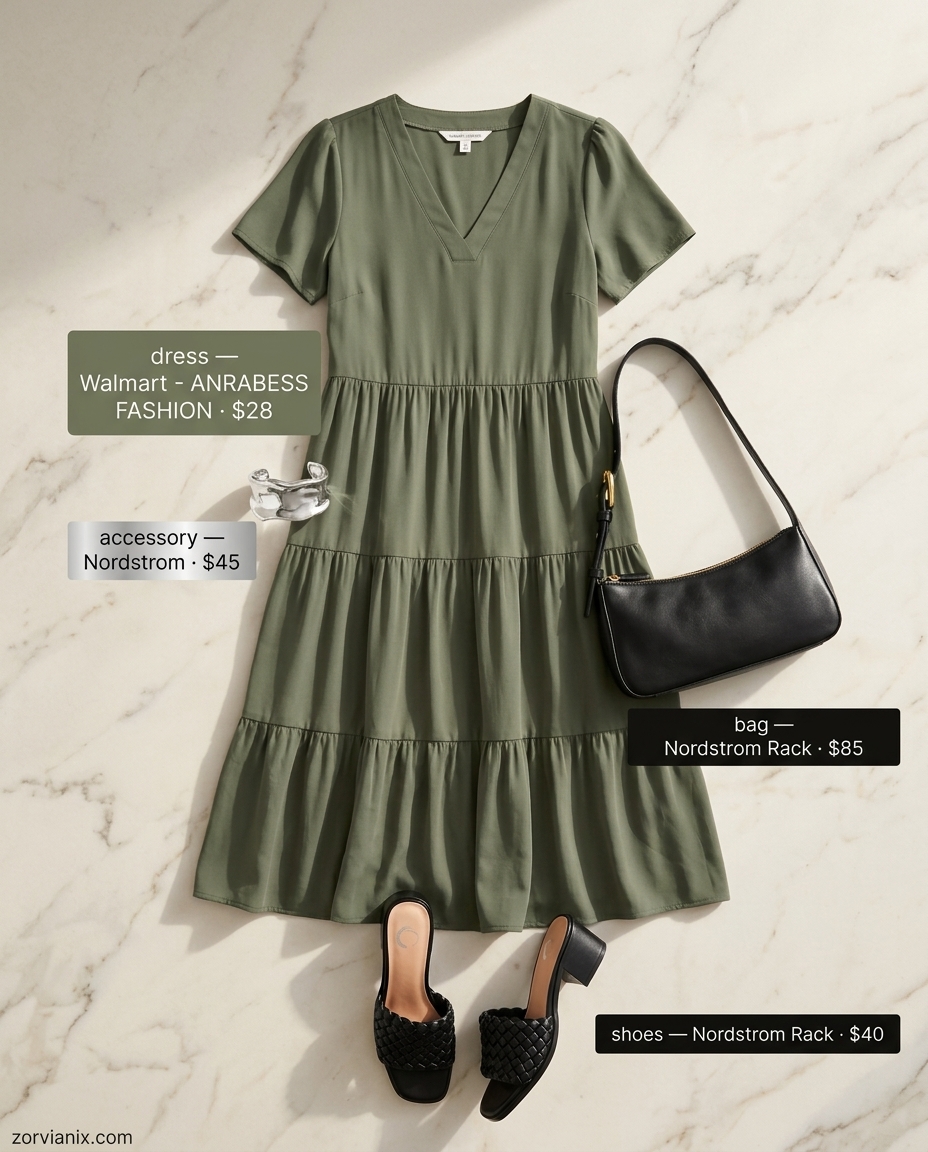 Sophisticated olive green tiered midi dress outfit for women, perfect for city lunches and smart casual events in 2026.