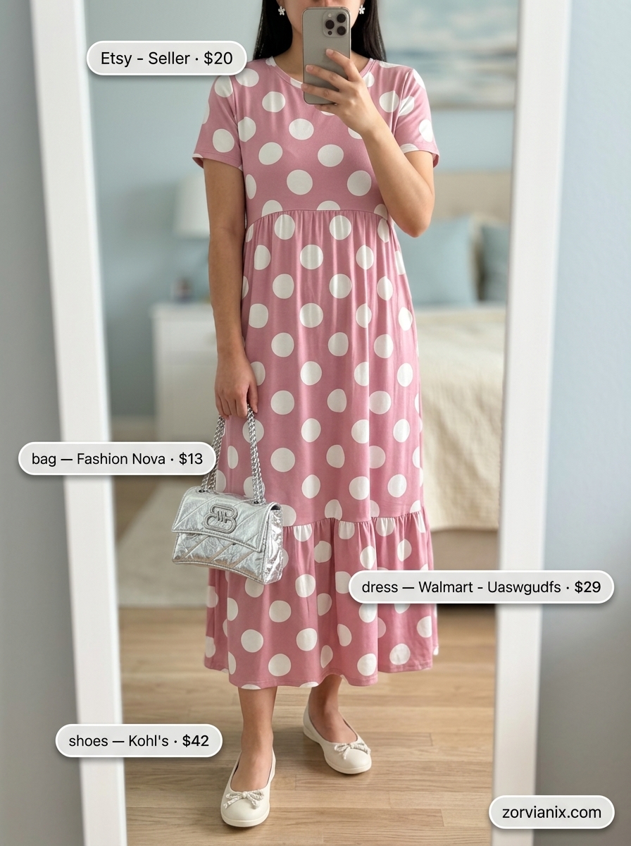 Sweet blush pink polka dot tiered midi dress outfit for women, perfect for weekend brunch in 2026.