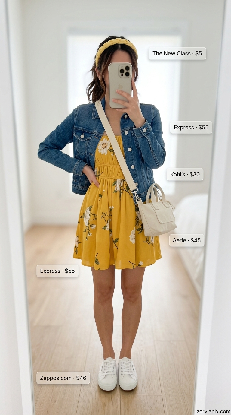 Playful Summer Tiered Dress Outfits for Women 2026: Yellow floral mini dress, denim jacket, canvas sneakers & braided headband.