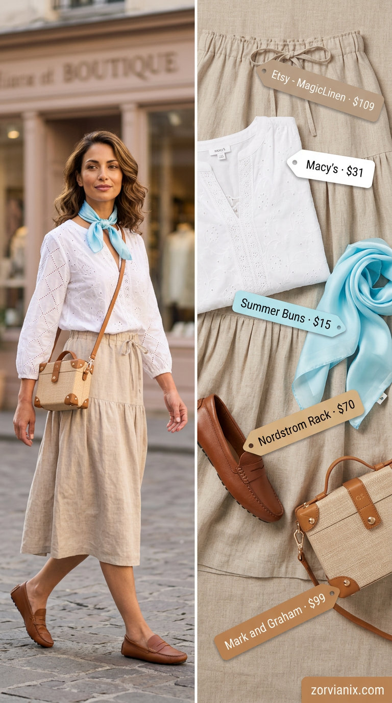 Summer tiered skirt outfits for women 2026: Natural beige tiered midi skirt with white blouse for effortless style.