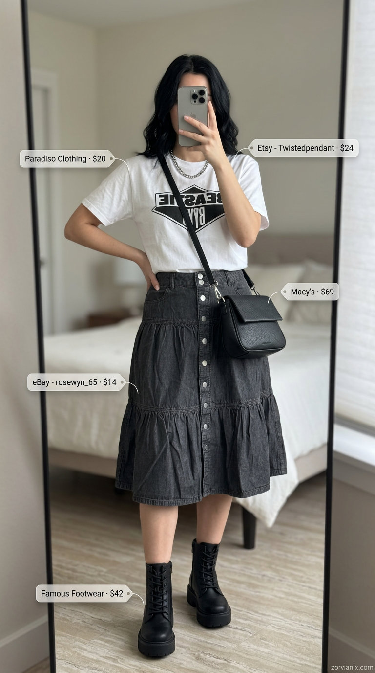Summer tiered skirt outfits for women 2026: Black denim skirt, graphic tee, combat boots for urban style.