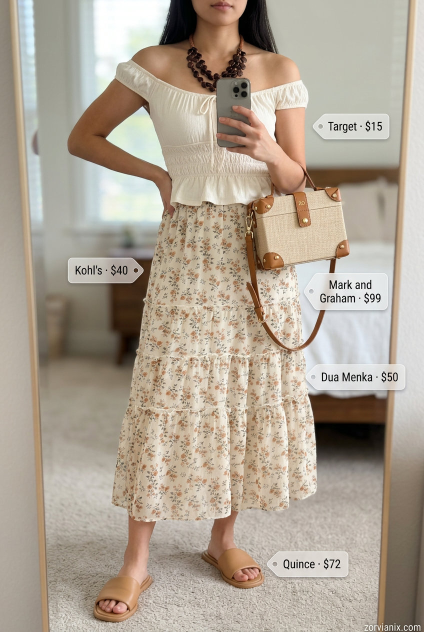 Bohemian multi-color floral tiered maxi skirt outfit for women 2026, perfect for summer festivals and casual events.