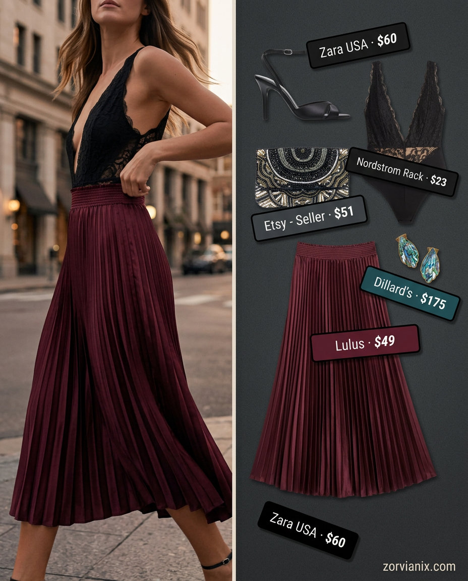 Summer tiered skirt outfits for women 2026: Burgundy satin tiered midi skirt with black lace bodysuit for evening elegance.