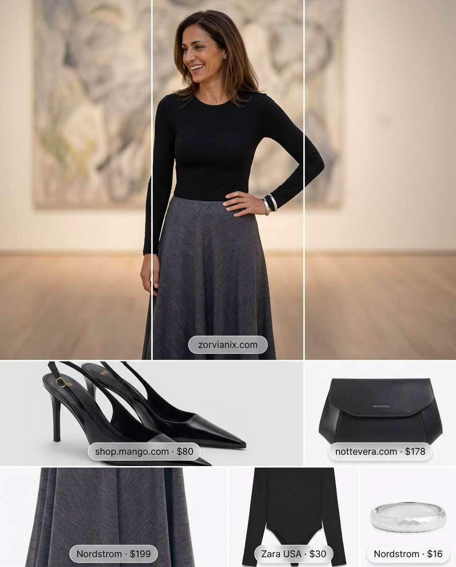 Minimalist charcoal grey tiered midi skirt outfit for women 2026, chic for evening events and gallery openings.