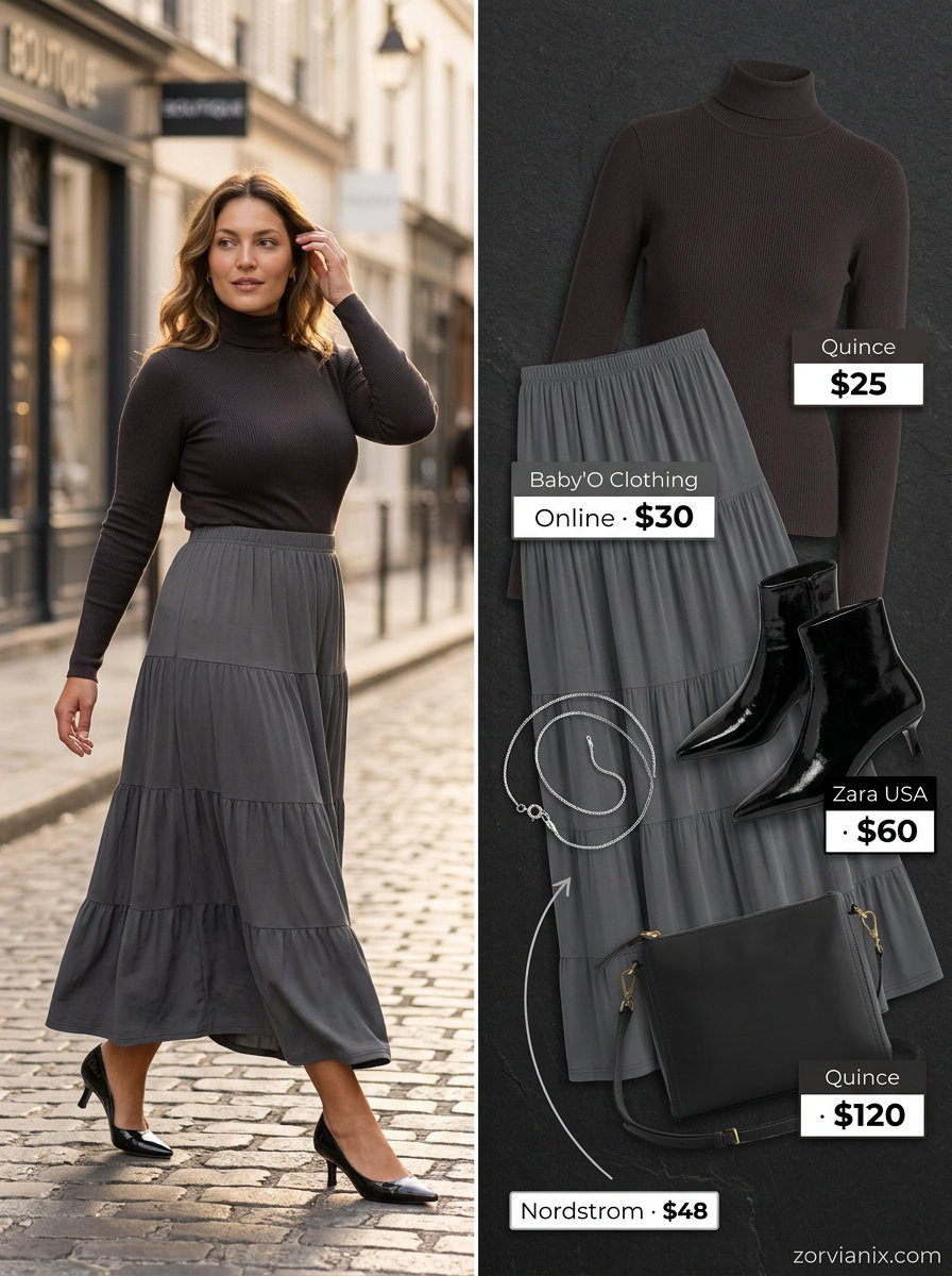 Summer tiered skirt outfits for women 2026: Charcoal grey tiered midi skirt with black turtleneck for monochrome chic.