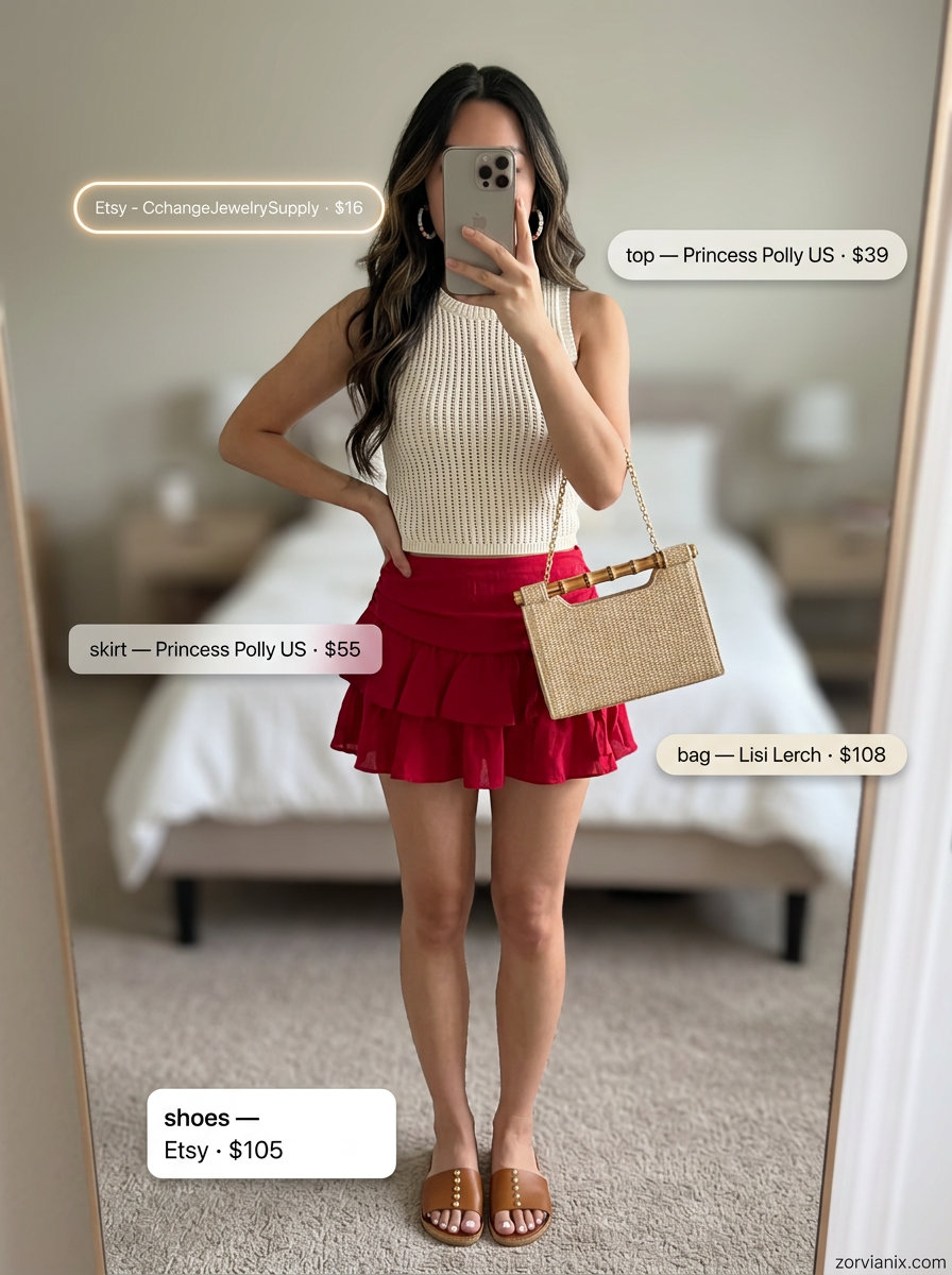 Summer tiered skirt outfits for women 2026: Coral tiered mini skirt with white crochet top for a beach party.