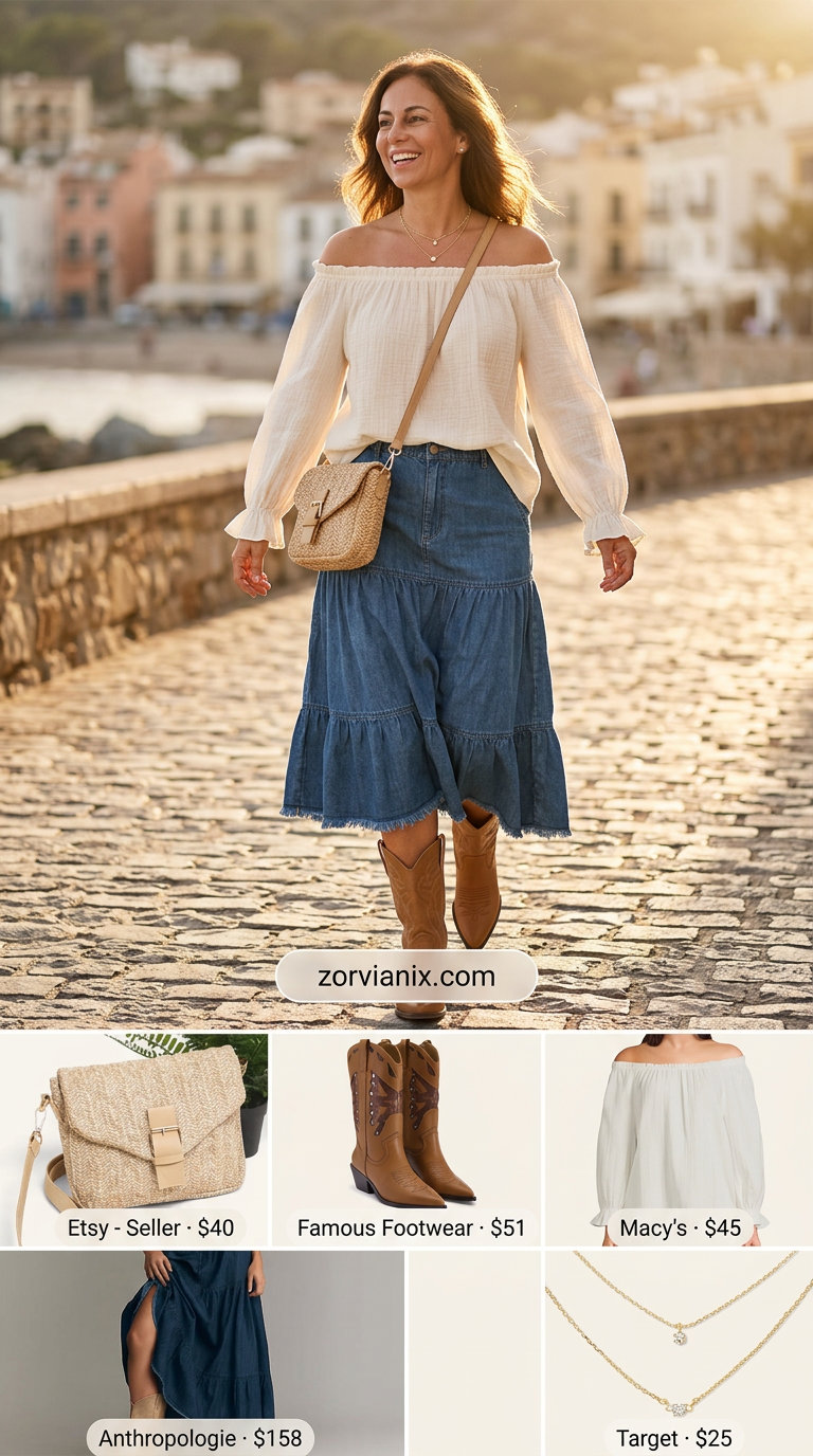Summer tiered skirt outfits for women 2026: Denim midi skirt, cream off-shoulder top, cowboy boots for coastal casual.