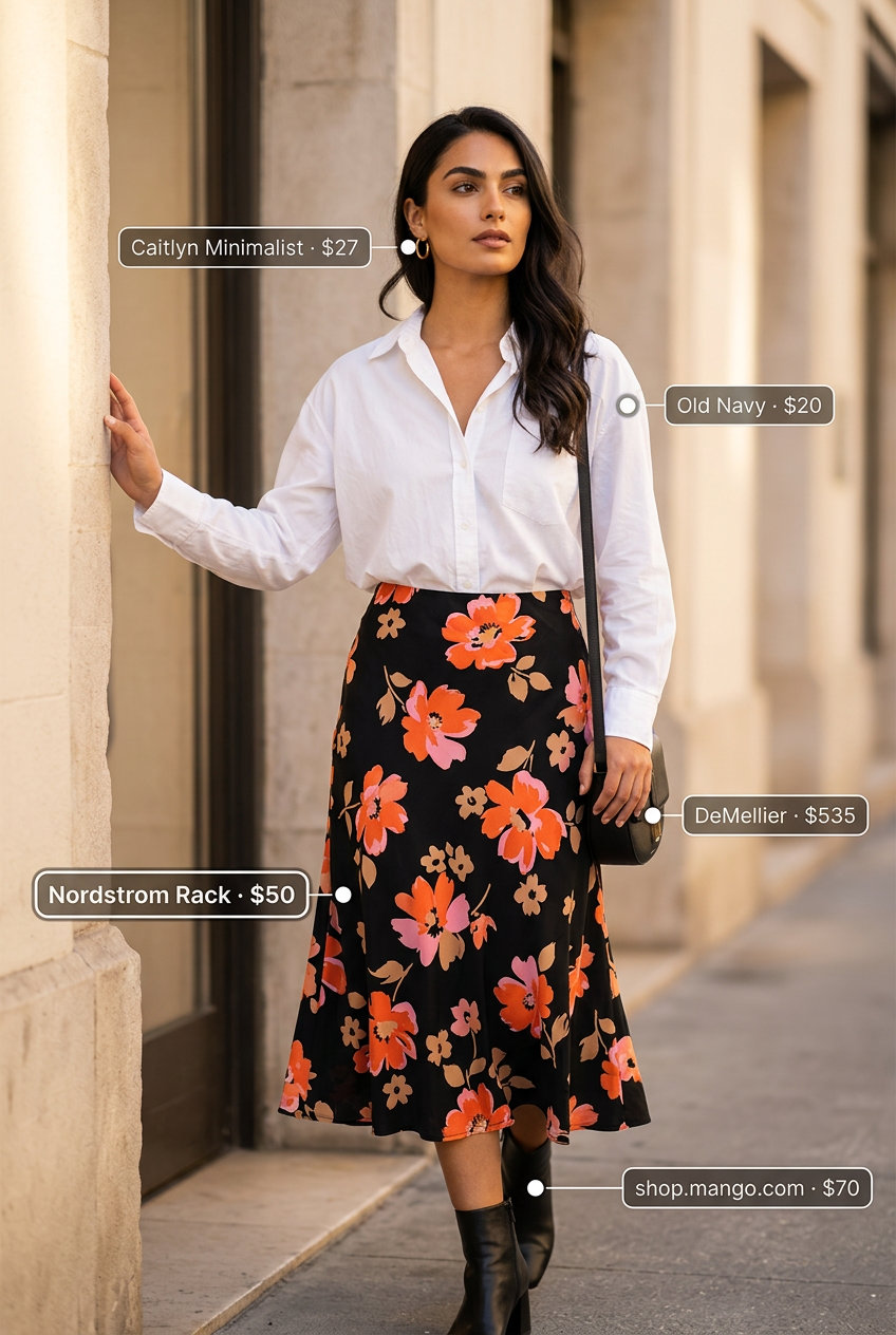 Summer tiered skirt outfits for women 2026: Floral midi skirt, white oversized shirt, black boots for smart casual.