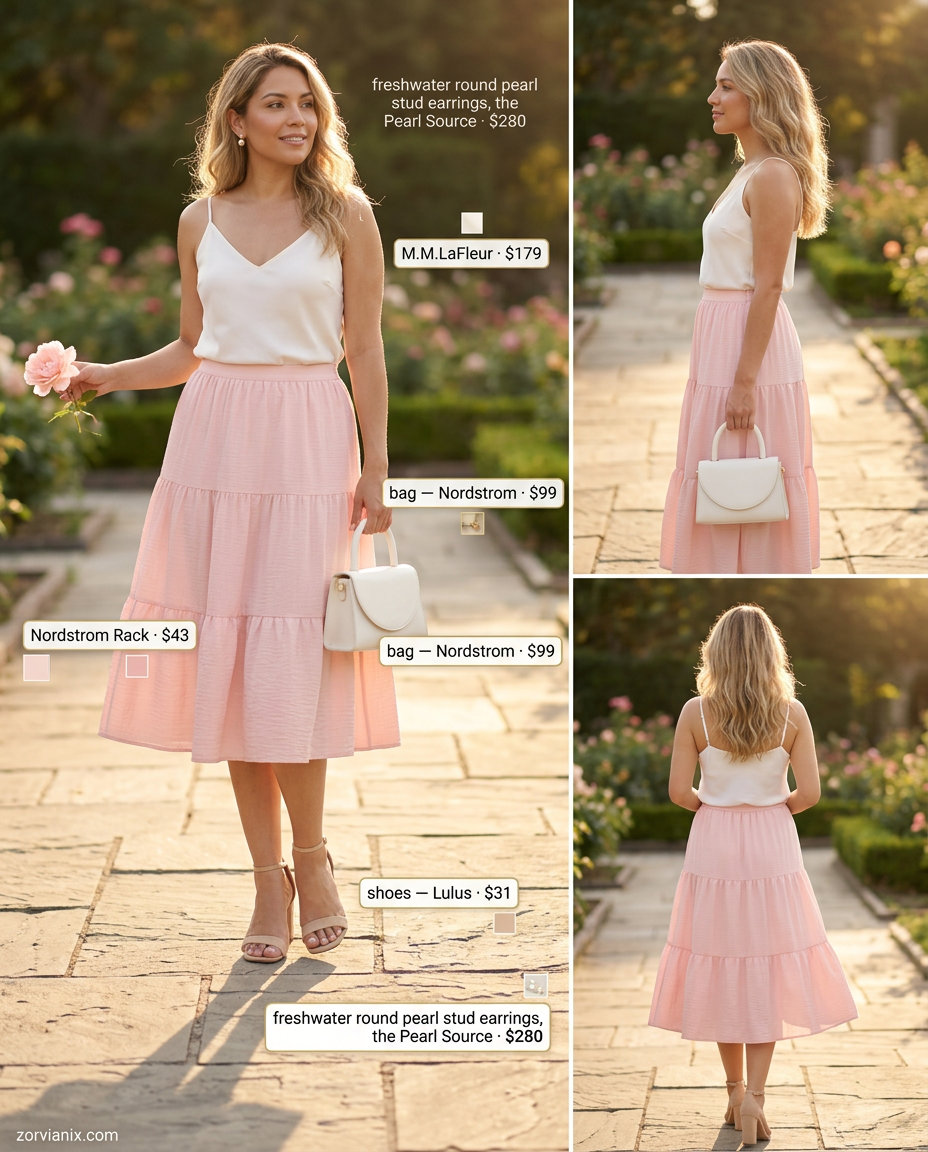 Elegant blush pink tiered midi skirt outfit for women 2026, perfect for garden parties and summer weddings.