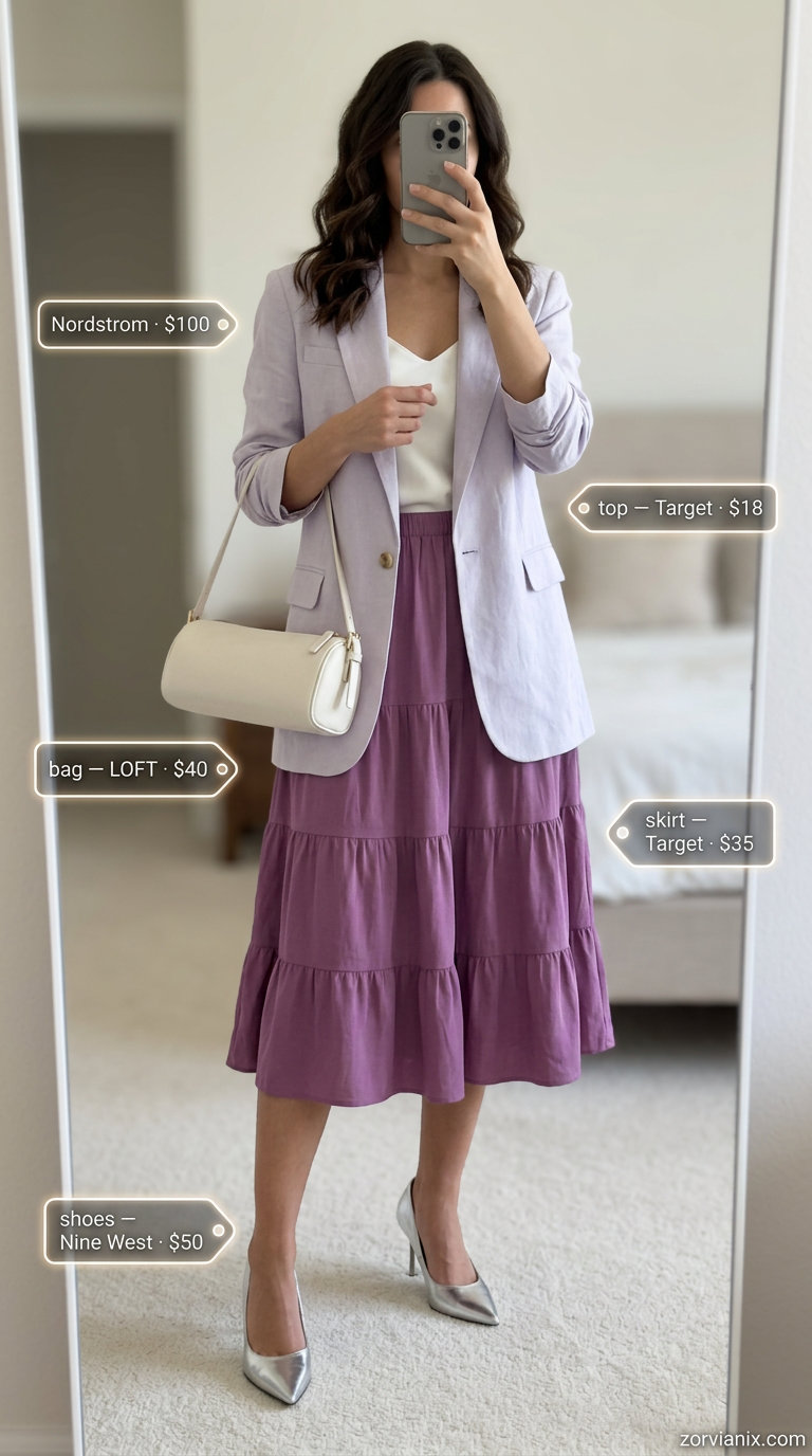 Chic lavender tiered midi skirt suit outfit for women 2026, sophisticated for summer business meetings.