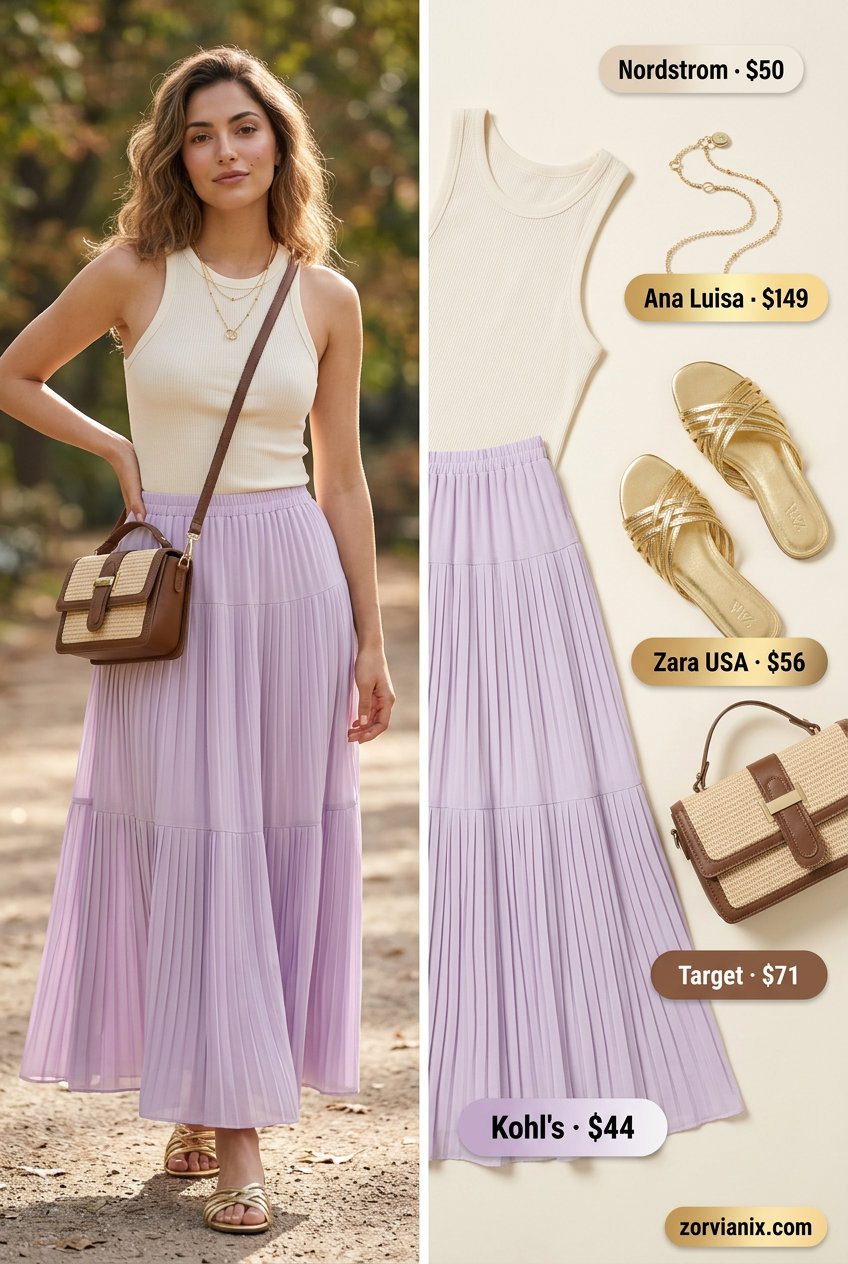 Summer tiered skirt outfits for women 2026: Lavender tiered midi skirt with cream top for romantic evening.