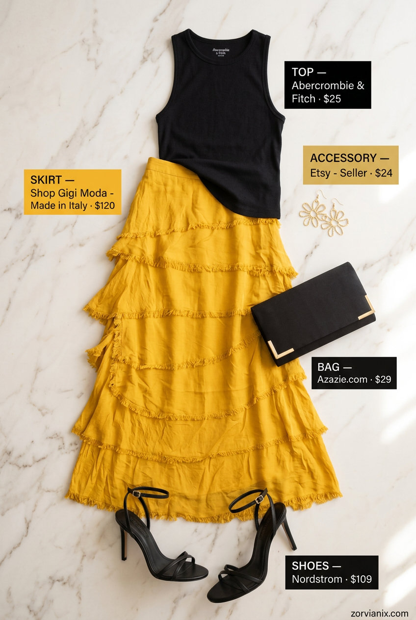 Summer tiered skirt outfits for women 2026: Marigold yellow tiered maxi skirt with black top for golden hour glow.