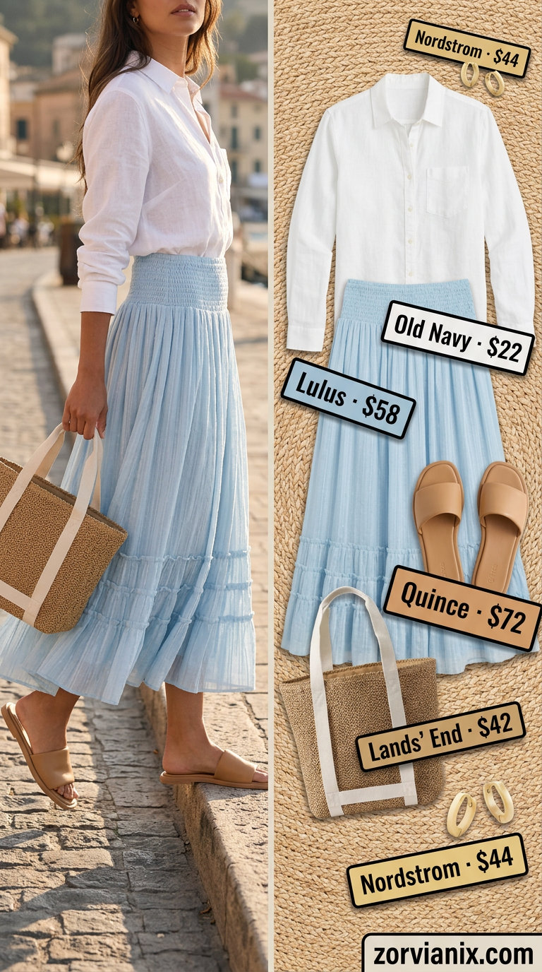 Summer tiered skirt outfits for women 2026: Ocean blue tiered midi skirt with white linen shirt for seaside style.
