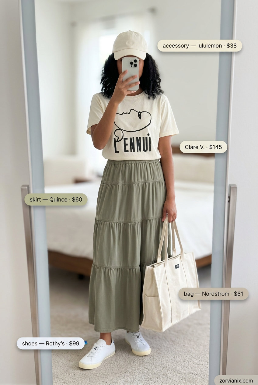 Summer tiered skirt outfits for women 2026: Olive green tiered maxi skirt with cream graphic tee for weekend brunch.