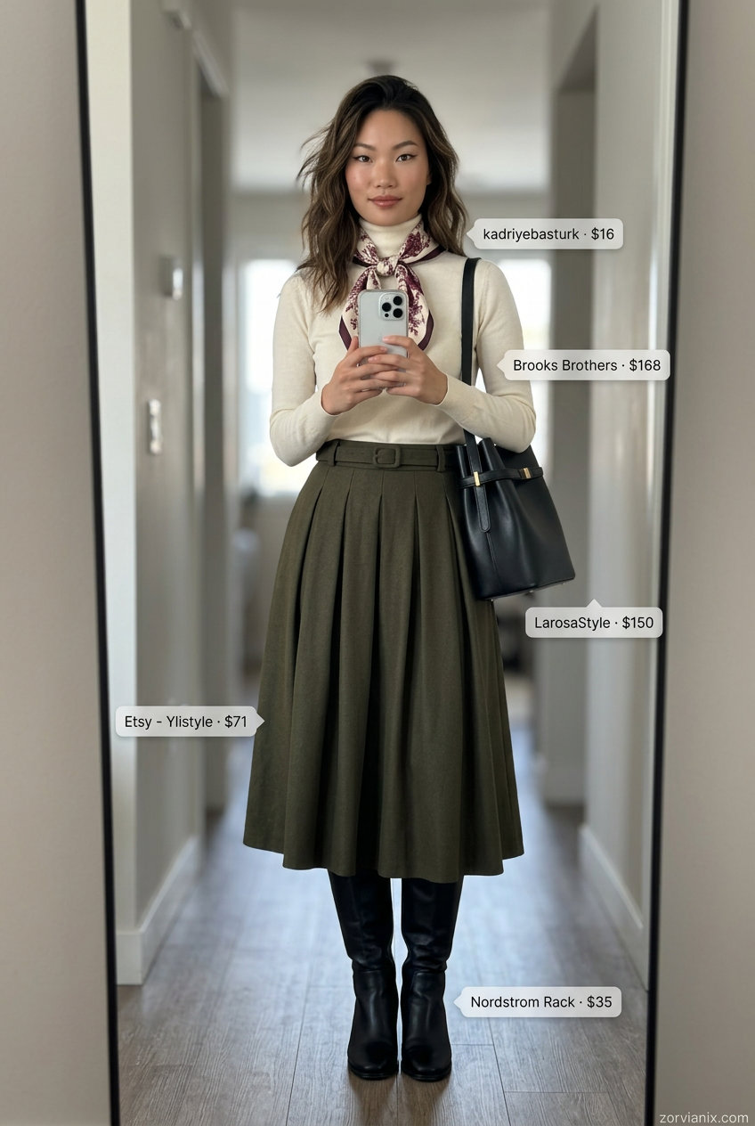 Summer tiered skirt outfits for women 2026: Olive green midi skirt, cream turtleneck, leather boots for autumn workwear.