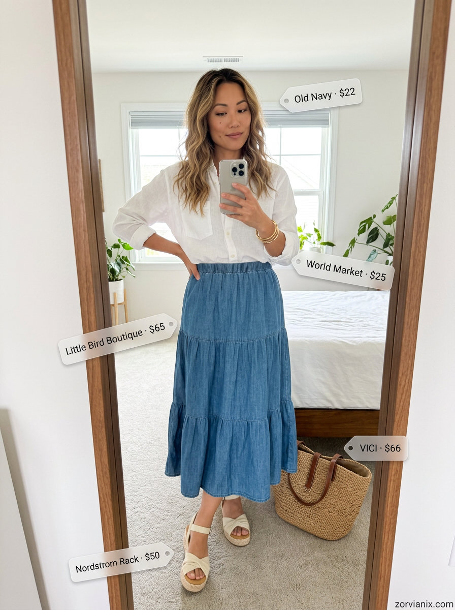 Summer tiered skirt outfits for women 2026: Sky blue midi skirt, linen shirt, espadrilles for coastal style.