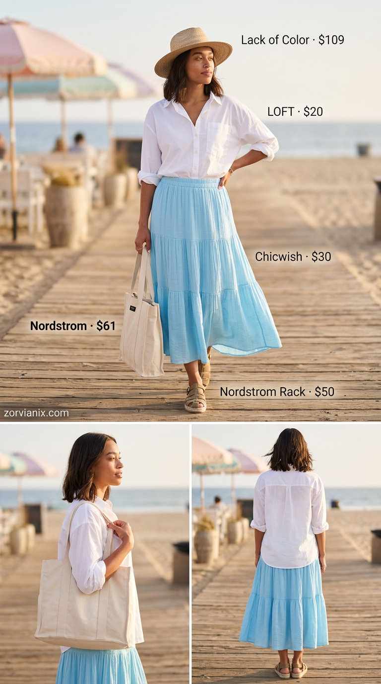 Summer tiered skirt outfits for women 2026: Sky blue tiered midi skirt with oversized white shirt for coastal style.
