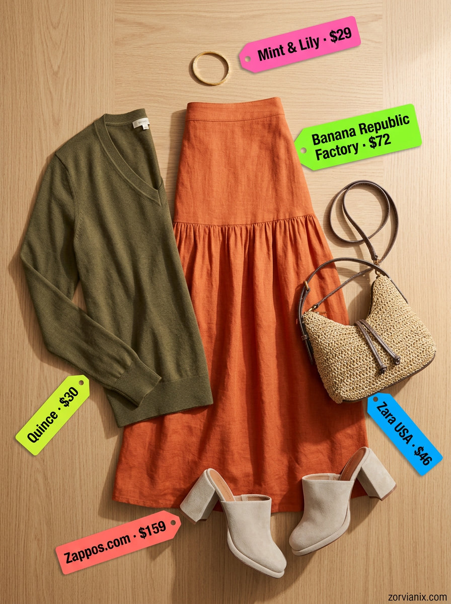 Earthy terracotta tiered midi skirt outfit for women 2026, sophisticated for summer evenings and art galleries.