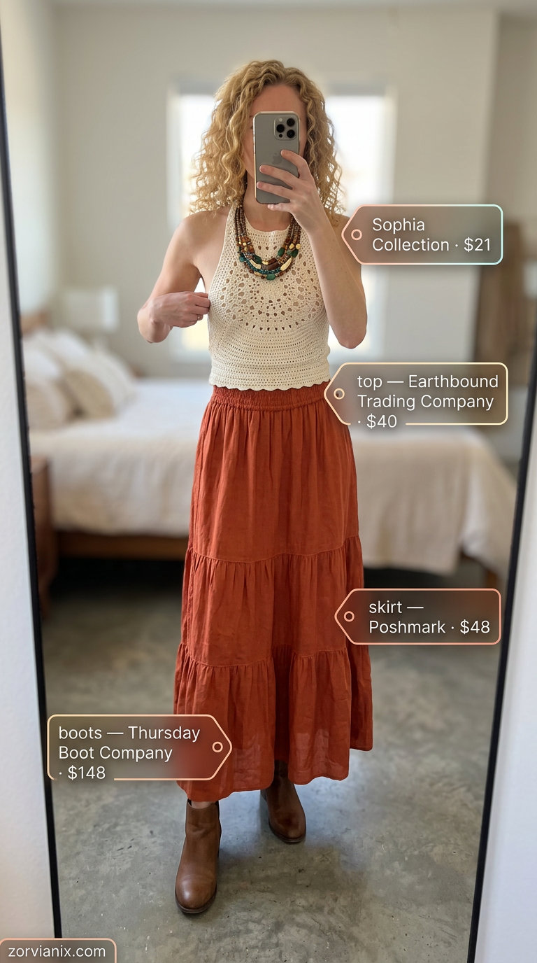 Summer tiered skirt outfits for women 2026: Terracotta tiered maxi skirt with crochet top for boho vibes.