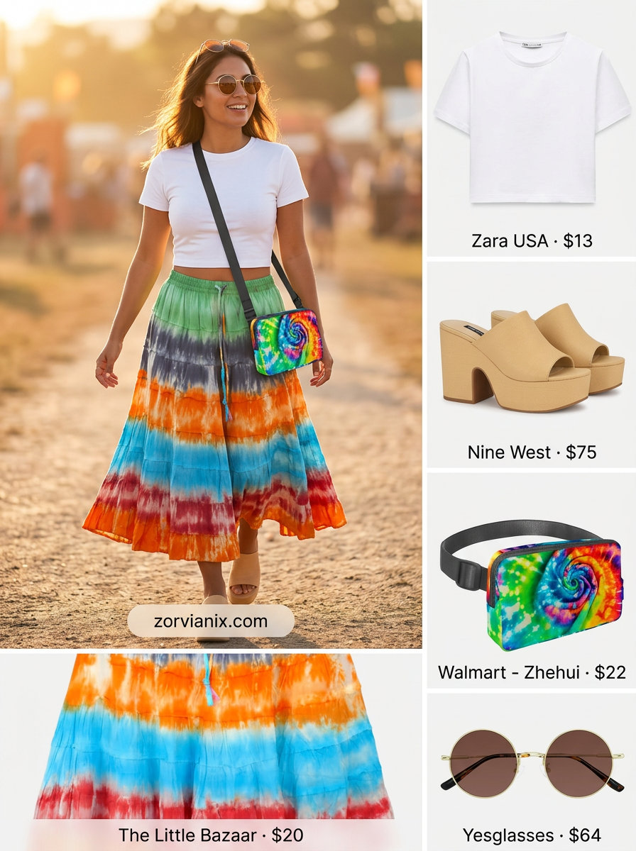 Summer tiered skirt outfits for women 2026: Tie-dye mini skirt, white crop top, platform sandals for festival.
