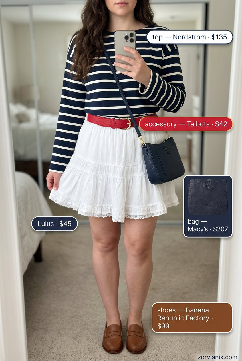 Summer tiered skirt outfits for women 2026: White mini skirt, striped top, loafers for picnic style.