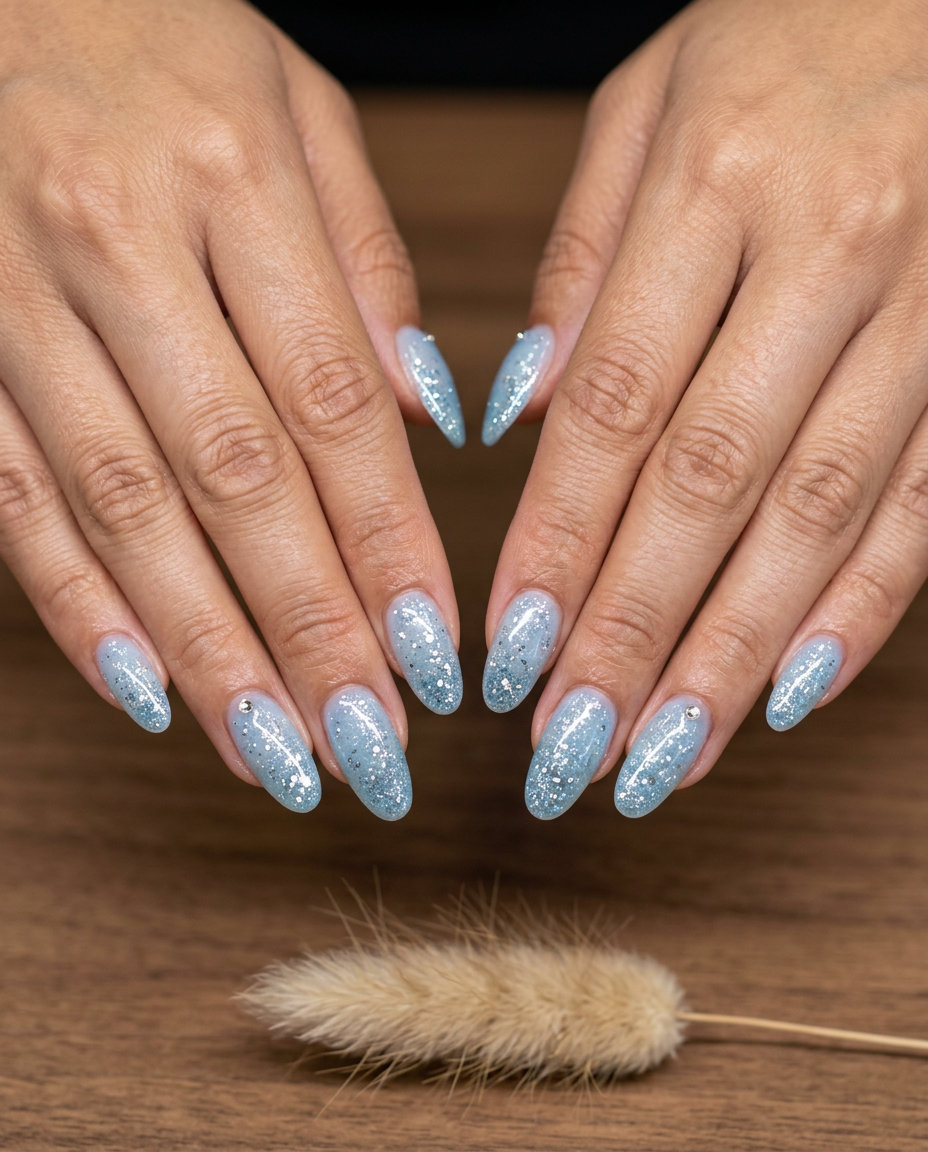 Summer Vibes Nails 2026: Arctic Sparkle Glitter Glamorous icy blue nails with silver glitter and rhinestone accents for party vibes nails 2026.