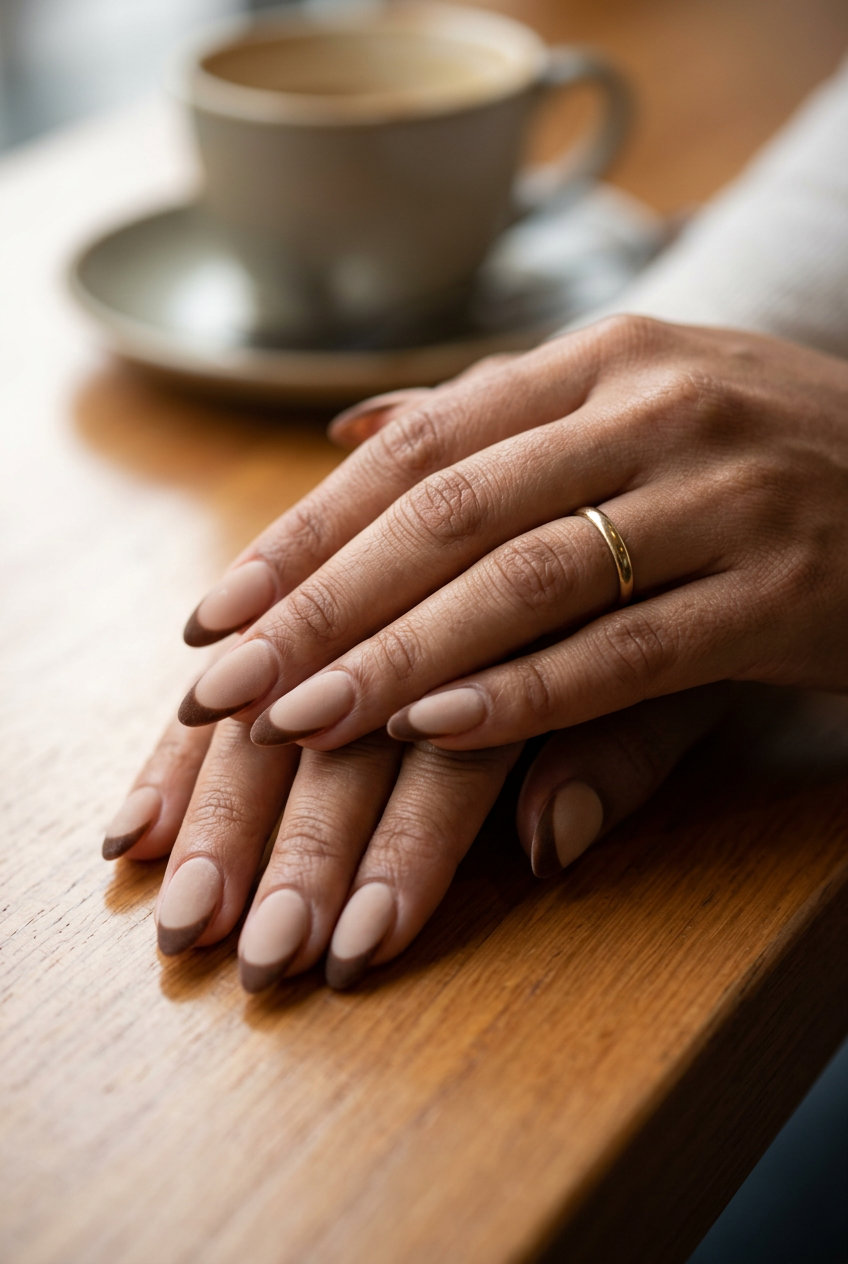 Velvet Chocolate French Nails 2026: Elegant Evening Style Chocolate Brown Velvet French nails for elegant summer vibes nails 2026.