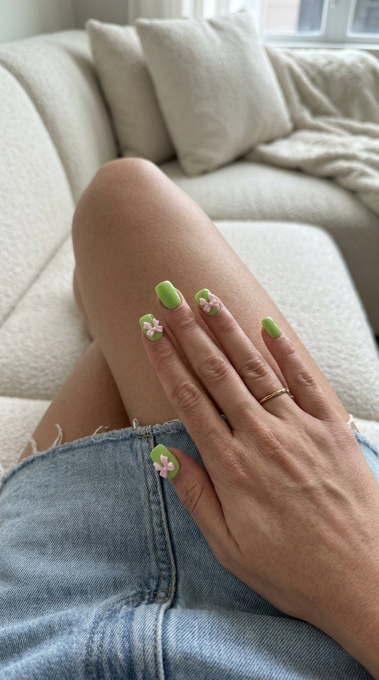 Summer Vibes Nails 2026: Coquette Lime Bows Whimsical lime green nails with pastel pink 3D bows for coquette summer vibes nails 2026.