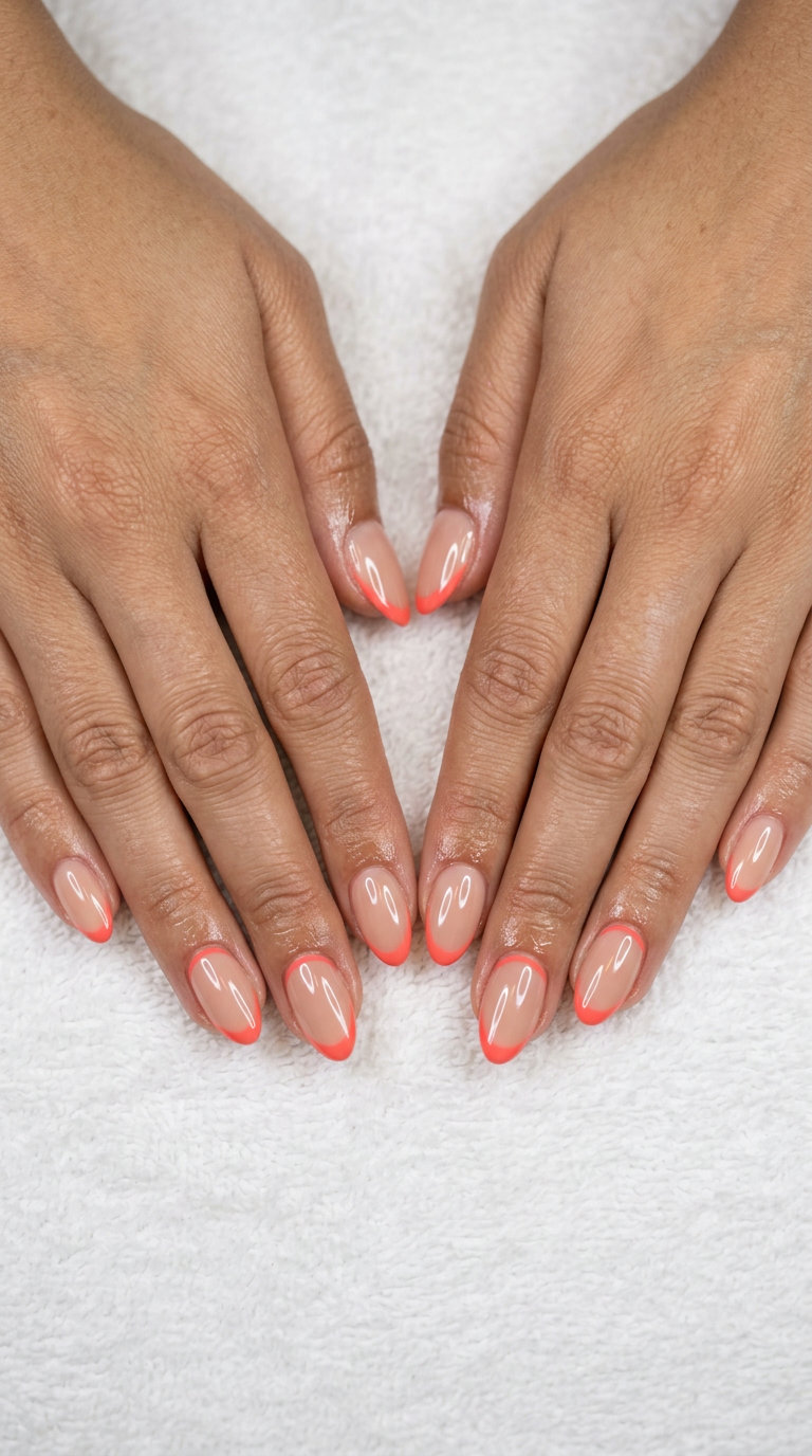Coral Cuticle Accent French Nails 2026: Summer Vacation Style Coral Cuticle Accent Reverse French nails: sheer nude with vibrant coral for playful summer vibes nails 2026.