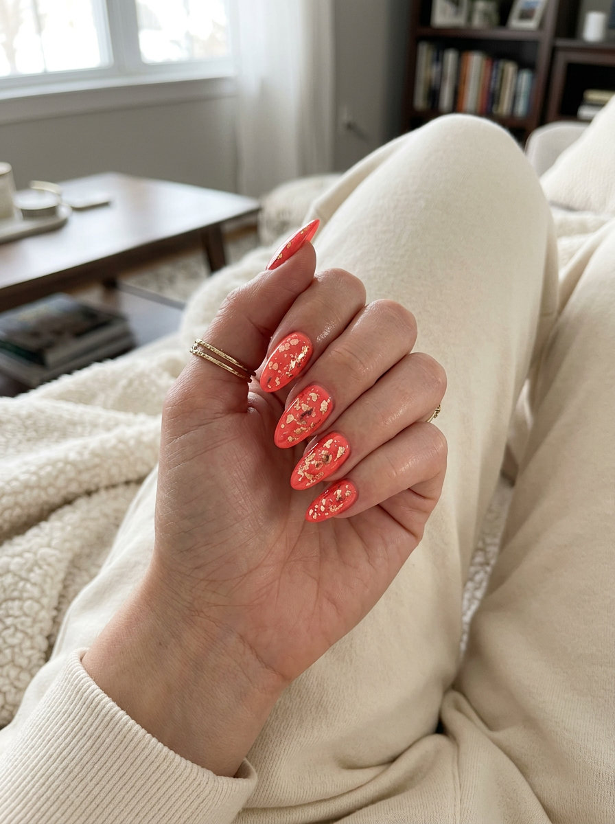 Summer Vibes Nails 2026: Coral Foil Flakes Vibrant coral nails with scattered gold and rose gold foil flakes for summer vacation vibes nails 2026.