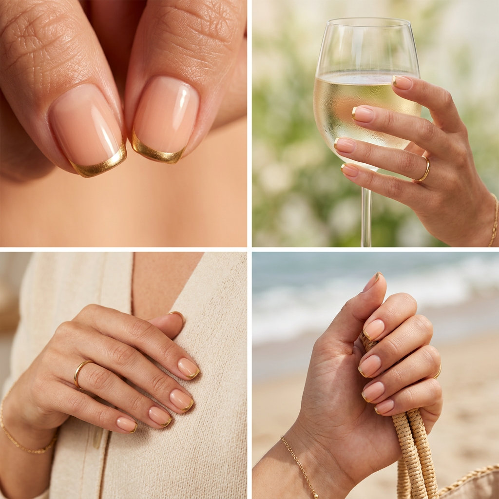 Summer Vibes Nails 2026: Golden Hour Peach Fuzz French Elegant peach fuzz micro French tips with metallic gold for minimalist summer vibes nails 2026.
