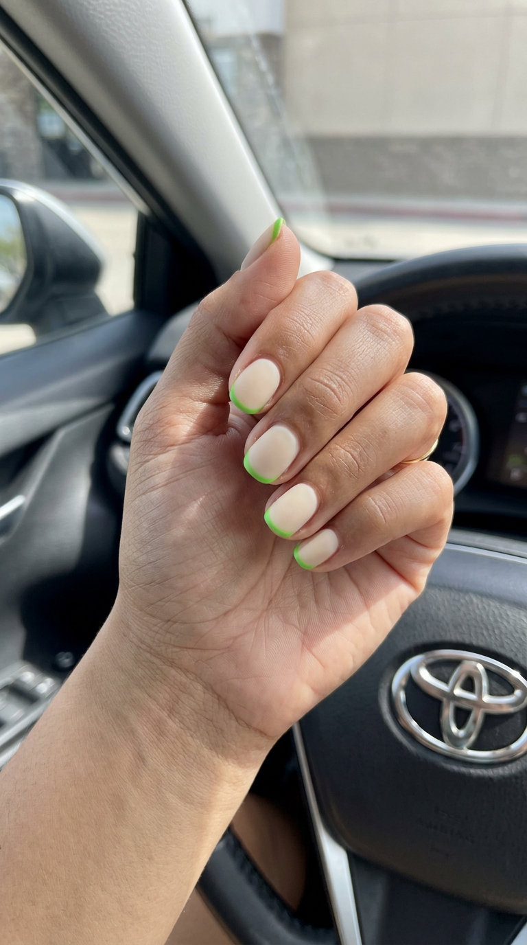 Lime Green French Tips 2026 | Modern Chic Lime green micro French tips on a neutral base for summer vibes 2026, chic for daily wear.