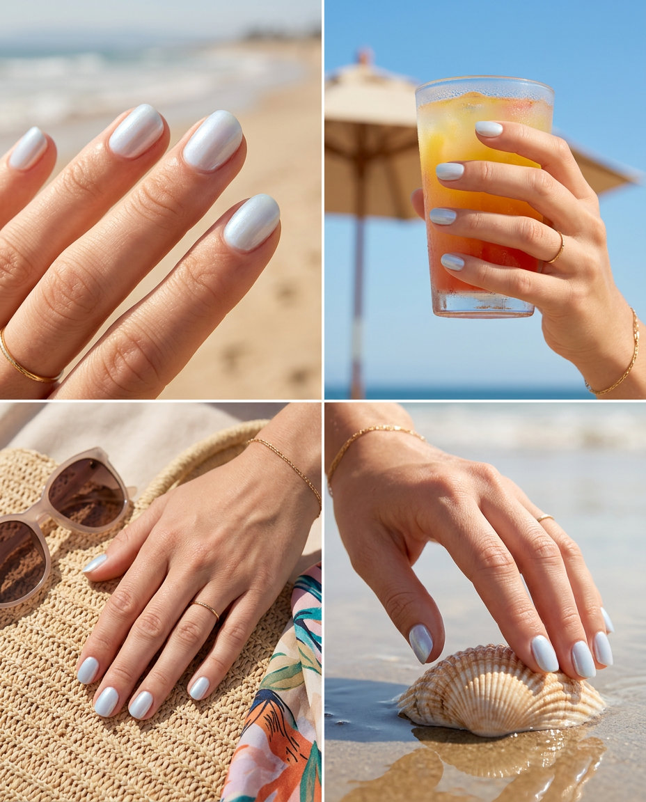 Summer Vibes Nails 2026: Pearlescent Icy Blue Ethereal icy blue nails with pearlescent shimmer for relaxed summer vibes nails 2026.