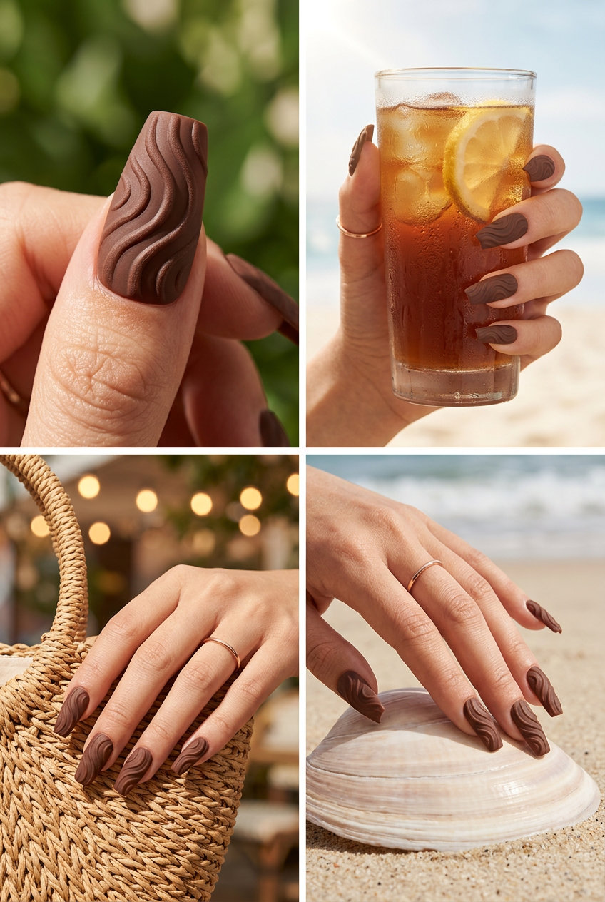 Summer Vibes Nails 2026: Textured Chocolate Swirls Sophisticated chocolate brown nails with raised matte swirls for formal event vibes nails 2026.