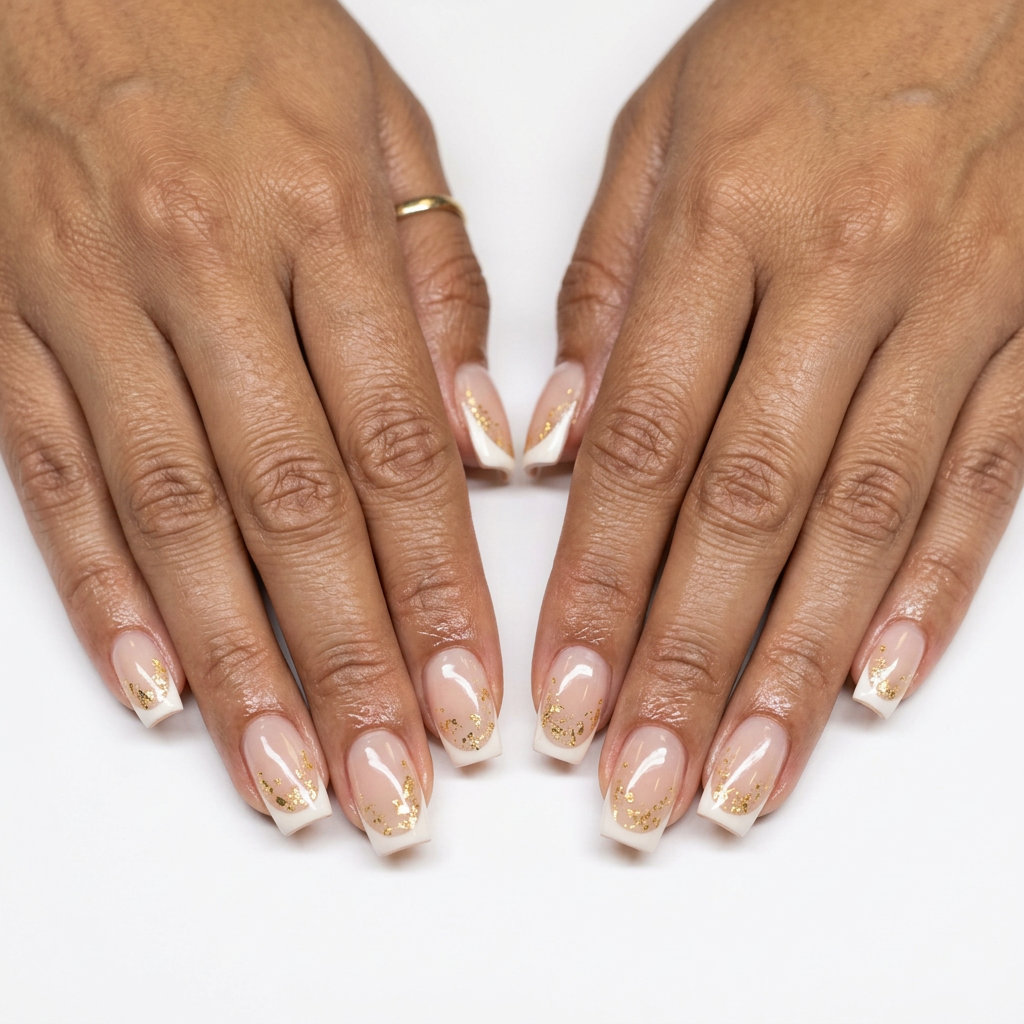 French Nails with Gold Flakes 2026: Wedding Guest Glam Classic French with Gold Flake Veil nails for summer wedding nails 2026: elegant nude base, white tips, and gold foil accents.