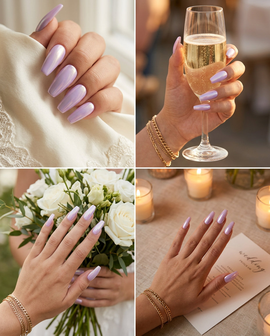 Lavender Chrome Nails 2026: Ethereal Festival Style Subtle Lavender Chrome nails for summer wedding nails 2026: ethereal soft lavender with a pearlescent chrome shift.