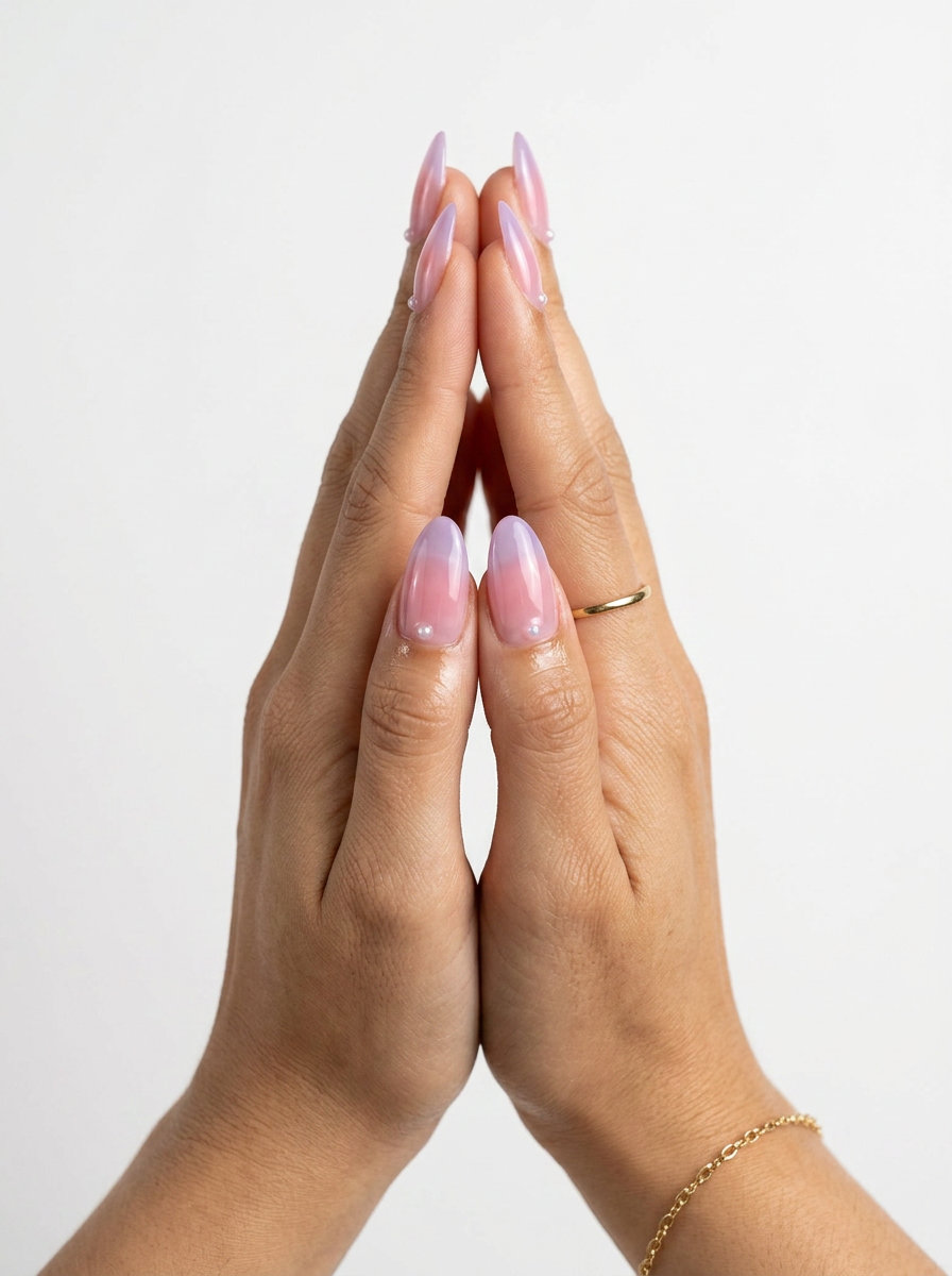 Lavender Jelly Ombre Pearls | Summer Wedding Nails 2026 Whimsical lavender jelly ombre nails with pearl dewdrops for summer wedding nails 2026, perfect for bridal showers.