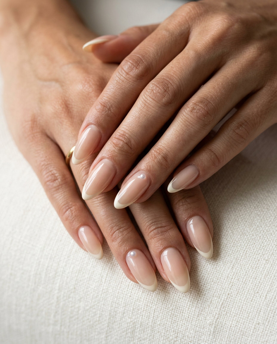 Micro French Pearl Accent Nails 2026 Micro French pearl accent nails for wedding guest 2026. Glamorous, elegant, classic.