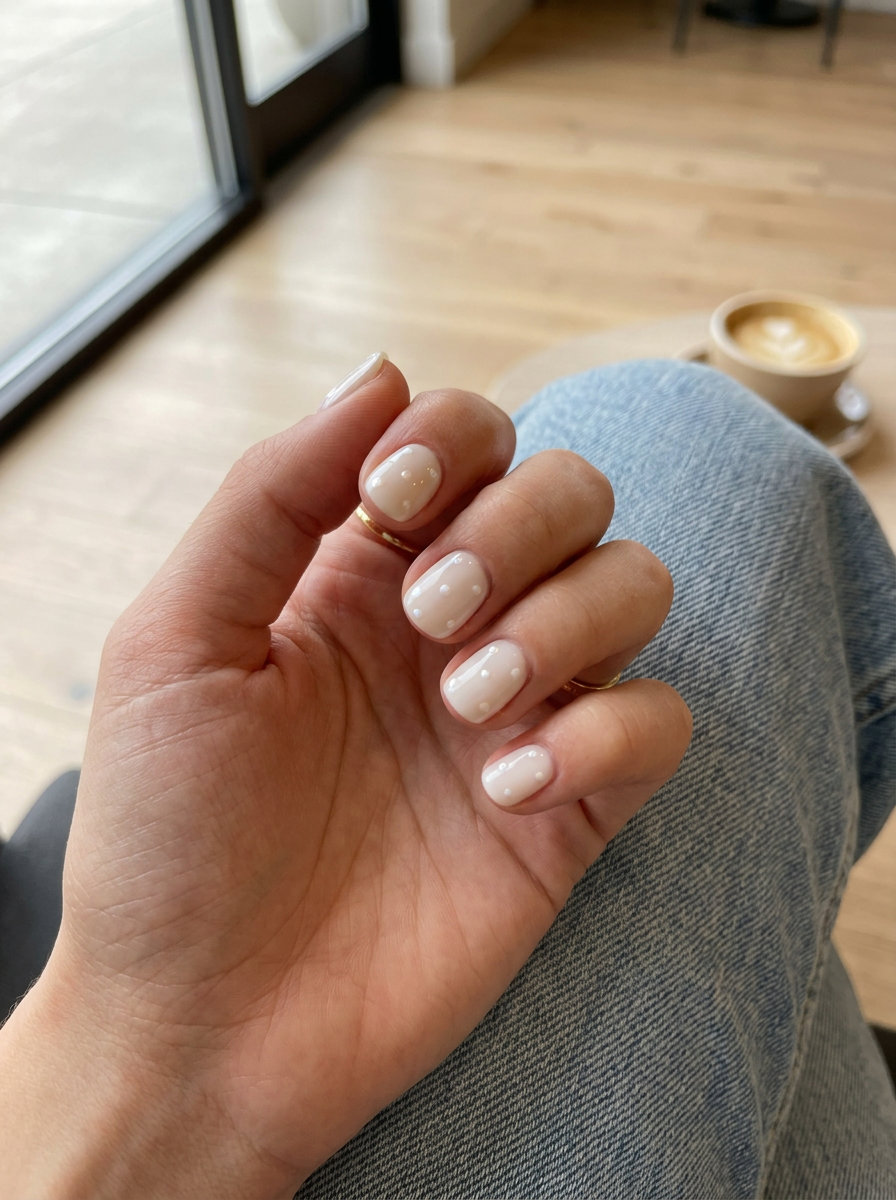 Milky Dot Delight Nails 2026: Bridal Shower Style Milky Dot Delight nails for summer wedding nails 2026: creamy white with subtle pearl dots for a delicate bridal look.