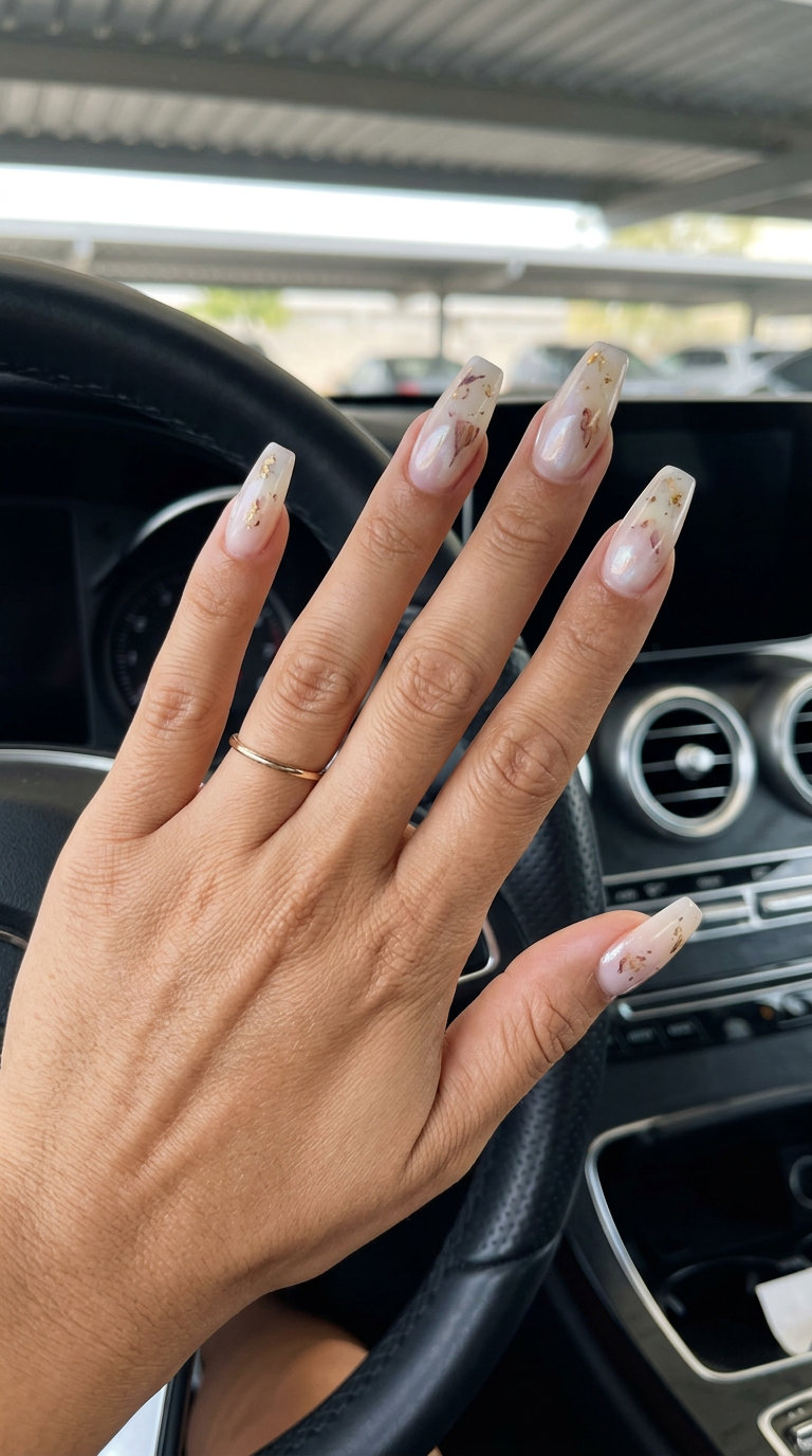 Pale Peach Glazed Round Nails 2026 Pale peach glazed round nails for a wedding guest outfit in 2026. Subtle pearlescent shimmer.