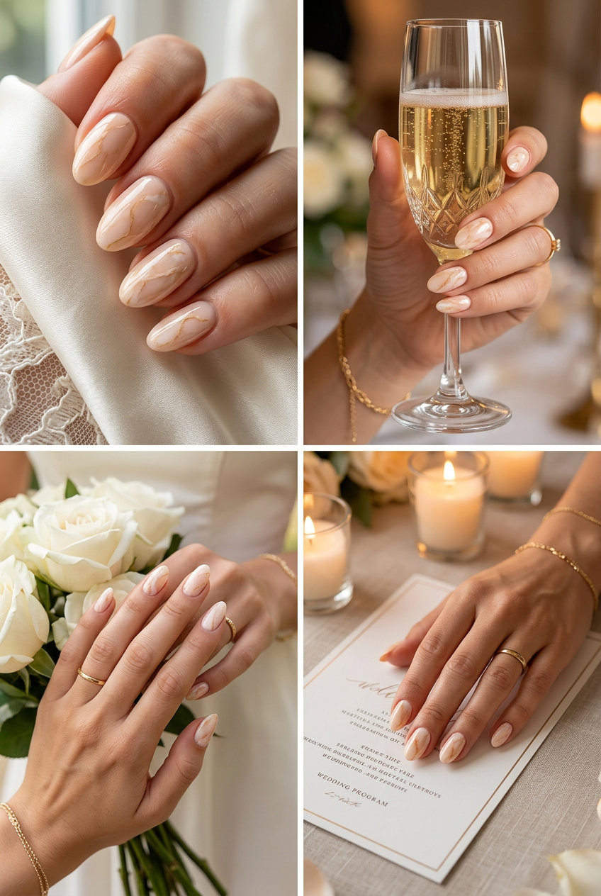 Pale Peach Marble Nails | Summer Wedding Nails 2026 Elegant pale peach marble swirl nails for summer wedding nails 2026, perfect for formal events and galas.