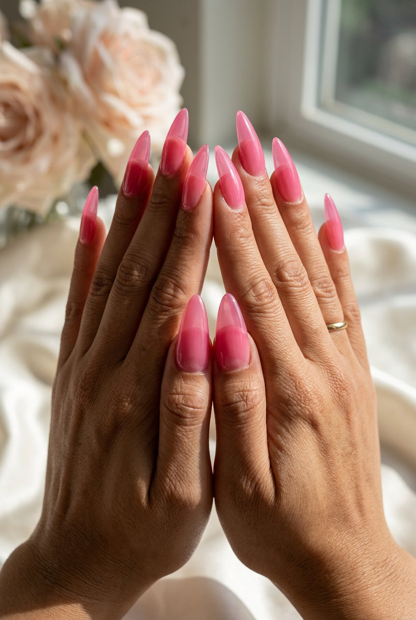 Sheer Pink Jelly Stiletto Nails 2026 Sheer pink jelly stiletto nails for wedding guest 2026. Sultry, playful, bold.