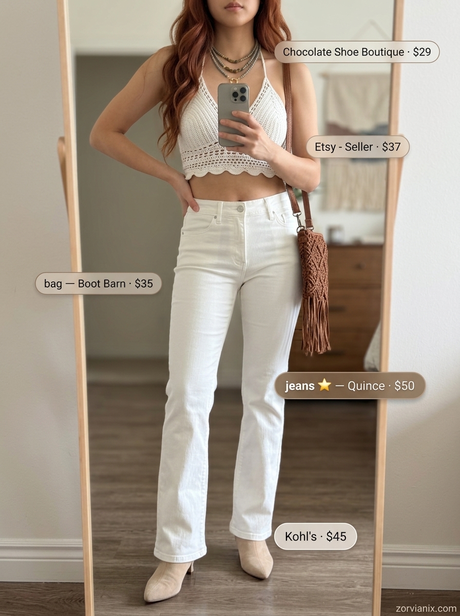 Boho Summer White Denim: Flared white jeans, crochet top, suede boots, fringe bag for women's summer outfits 2026.