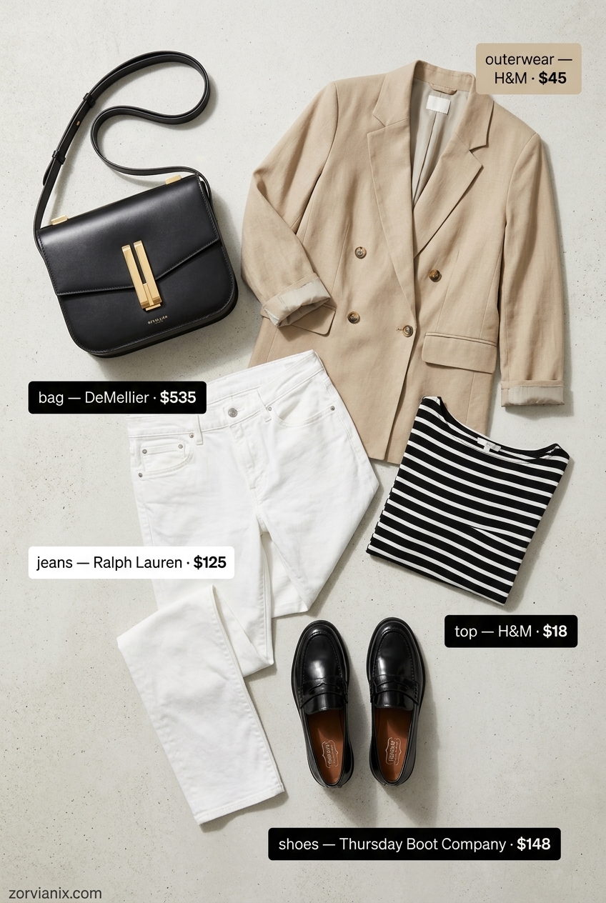 City Explorer Chic: White jeans, striped tee, beige blazer, black loafers for women's summer outfits 2026.