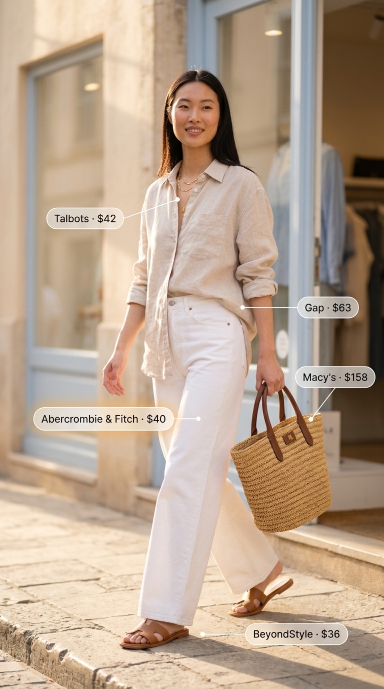 Coastal Breeze: Wide-leg white jeans, linen shirt, straw tote, leather slides for women's summer outfits 2026.