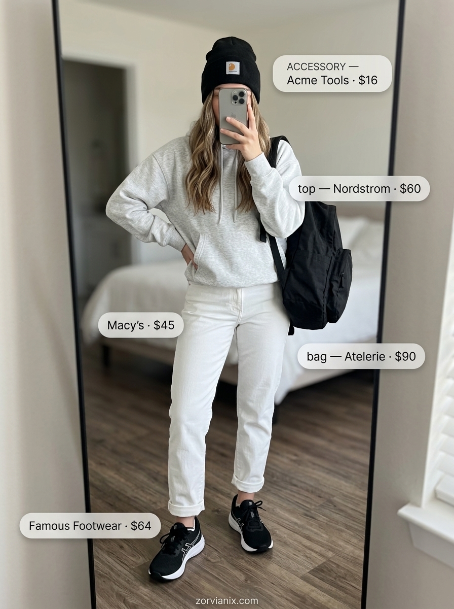 Sporty Chic Athleisure: White boyfriend jeans, grey hoodie, black beanie, sneakers for women's summer outfits 2026.